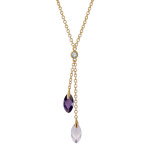 Collier en plaqu or forme cravate avec pierre centrale ronde blanche et deux gouttes lavande et violette ...