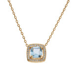 Collier en plaqu or massif chane avec pierre carr topaze bleue vritable contour oxydes blancs sertis ...