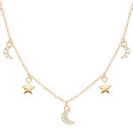 Collier en plaqu� or avec pampilles lunes pav�es d'oxydes blancs sertis et �toiles 40 + 4, 5cm