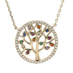 Collier en plaqu or avec pendentif arbre de vie oxydes multi couleurs et contour oxydes blancs sertis ...