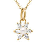 Collier en plaqu� or pendentif fleur six p�tales avec oxydes blancs et perle deau douce - 38 + 4cm