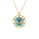 Collier stella mia en acier dor pendentif 16mm fleur de lotus rsine bleue fond blanc - 45 + 10cm