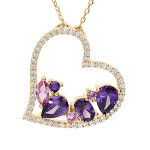 Collier en vermeil massif pendentif coeur oxydes violets et roses � l'int�rieur et contour oxydes blancs ...