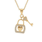 Collier en vermeil avec pendentif cadenas coeur et clef oxydes blancs sertis 39 + 2 + 2cm