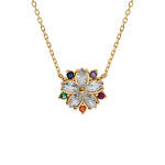 Collier en vermeil pendentif fleur avec oxydes blancs et multi couleurs - 40 + 4cm