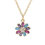Collier en vermeil pendentif fleur par�e d'oxydes multi couleurs - 42 + 3cm