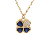Collier en vermeil avec pendentif tr�fle et coeur 10mm oxydes bleus et blancs - 39 + 2 + 2cm