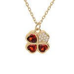 Collier en vermeil avec pendentif tr�fle et coeur 10mm oxydes rouges et blancs - 39 + 2 + 2cm