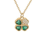 Collier en vermeil avec pendentif tr�fle et coeur 10mm oxydes verts et blancs - 39 + 2 + 2cm