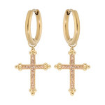 Créoles en acier et pvd jaune fantaisie avec pampille croix champagne et pierres champagne Créoles en acier et pvd jaune fantaisie avec pampille croix champagne et pierres champagne