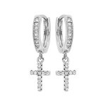 Créoles en argent rhodié avec pampille croix et oxydes blancs Créoles en argent rhodié avec pampille croix et oxydes blancs