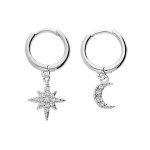 Créoles en argent rhodié avec pampille étoile du nord et demi lune oxydes blancs sertis Créoles en argent rhodié avec pampille étoile du nord et demi lune oxydes blancs sertis
