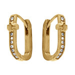 Cr�oles rectangulaires en acier dor� avec oxydes blancs sertis motif croix - 10mm