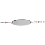 Gourmette bébé plaque ovale argent, résine rose, réglable de 13cm à 15cm Gourmette bébé plaque ovale argent, résine rose, réglable de 13cm à 15cm