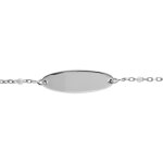 Gourmette bébé plaque ovale argent rhodié, résine blanche, réglable de 13cm à 15cm Gourmette bébé plaque ovale argent rhodié, résine blanche, réglable de 13cm à 15cm