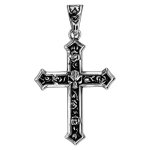 Pendentif en acier croix avec tête de mort et volutes patinées Pendentif en acier croix avec tête de mort et volutes patinées