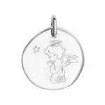 Pendentif en argent galet avec ange qui prie grav - diamtre 16mm