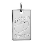 Pendentif en argent plaque g. i. rectangulaire grave  je t'aime  &  i love you  avec 2 coeurs