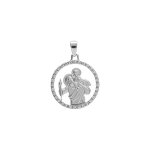 Pendentif en argent platine rond 18mm saint christophe avec contour d'oxydes blancs sertis