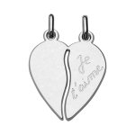 Pendentif en argent rhodié sécable coeur à partager gravé je t'aime Pendentif en argent rhodié sécable coeur à partager gravé je t'aime