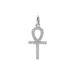 Pendentif en argent rhodi� croix de vie �gyptienne arrondi pav�e d'oxydes blancs 18 x 15mm