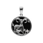 Pendentif en argent rhodi mdaille 15mm, onyx noir imitation, zodiaque blier et un oxyde blanc