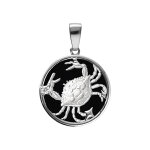 Pendentif en argent rhodi mdaille 15mm, onyx noir imitation, zodiaque cancer et un oxyde blanc