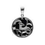 Pendentif en argent rhodi mdaille 15mm, onyx noir imitation, zodiaque capricorne et un oxyde blanc