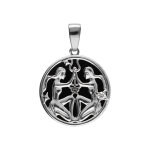 Pendentif en argent rhodi mdaille 15mm, onyx noir imitation, zodiaque gemeaux et un oxyde blanc