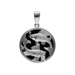 Pendentif en argent rhodi mdaille 15mm, onyx noir imitation, zodiaque poissons et un oxyde blanc