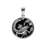 Pendentif en argent rhodi mdaille 15mm, onyx noir imitation, zodiaque scorpion et un oxyde blanc