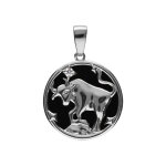 Pendentif en argent rhodi mdaille 15mm, onyx noir imitation, zodiaque taureau et un oxyde blanc