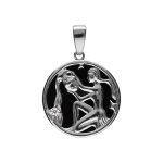 Pendentif en argent rhodi mdaille 15mm, onyx noir imitation, zodiaque verseau et un oxyde blanc