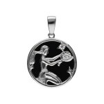 Pendentif en argent rhodi mdaille 15mm, onyx noir imitation, zodiaque vierge et un oxyde blanc