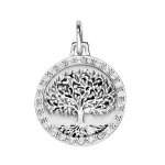 Pendentif en argent rhodié médaille de 16mm avec arbre de vie et oxydes blancs Pendentif en argent rhodié médaille de 16mm avec arbre de vie et oxydes blancs
