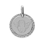 Pendentif en argent rhodi mdaille 16mm motif ange contour cisel