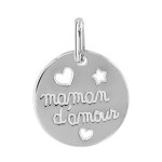 Pendentif en argent rhodi mdaille grave  maman d'amour  et coeurs et toile dcoups