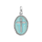 Pendentif en argent rhodi mdaille ovale avec croix sur fond bleu ciel