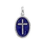 Pendentif en argent rhodi mdaille ovale avec croix sur fond bleu fonc