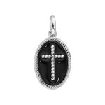 Pendentif en argent rhodi mdaille ovale avec croix sur fond noir