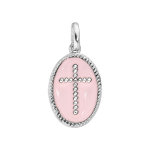 Pendentif en argent rhodi mdaille ovale avec croix sur fond rose ple