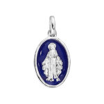 Pendentif en argent rhodi mdaille ovale miraculeuse sur fond bleu fonc