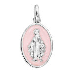 Pendentif en argent rhodi mdaille ovale miraculeuse sur fond rose pale