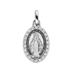 Pendentif en argent rhodi mdaille ovale miraculeuse avec vierge marie et contour oxydes blancs sertis ...