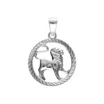 Pendentif en argent rhodi� m�daille stri�e15mm zodiaque lion decoup�