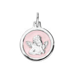 Pendentif en argent rhodi ovale ange sur fond rose ple