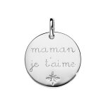Pendentif en argent rhodi� pastille  maman je t'aime  �toile et 1 oxyde blanc serti