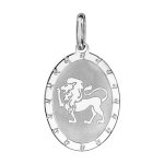 Pendentif en argent rhodi plaque ovale zodiaque lion mat et brillant