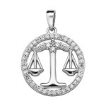 Pendentif en argent rhodi rond avec signe du zodiaque balance et contour d'oxydes blancs sertis