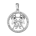 Pendentif en argent rhodi� rond avec signe du zodiaque g�meaux et contour d'oxydes blancs sertis